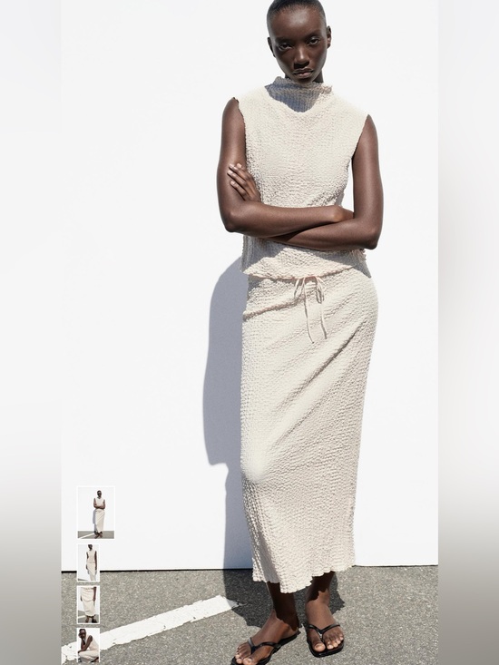 Zara Dresses & Skirts - Zara Textured Mid Rise Neutral Cream Maxi Skirt with Drawstring